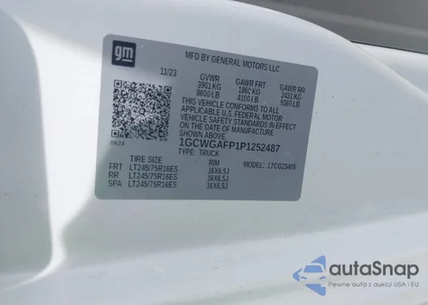 2023 Chevrolet Express Cargo Rwd 2500 Regular Wheelbase Wt from USA, damaged, VIN 1GCWGAFP1P1252487